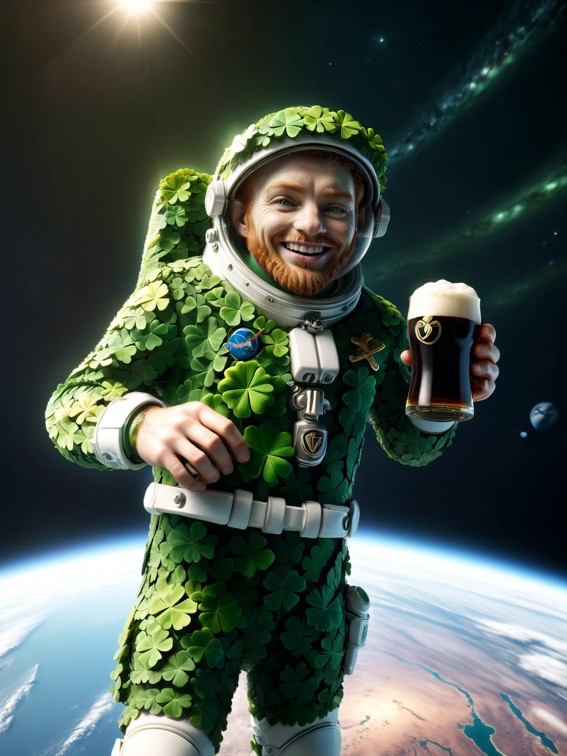 cinematic shot, dramatic lighting , irish leprechaun in orbit of earth in an astronauts suit made of mad-lkyclvr, dynamic pose, <lora:Lucky_Clover_SDXL:1.2> drinking a Guinness beer, grin, (masterpiece:1.2), best quality, (hyperdetailed, highest detailed:1.2), high resolution textures, (masterpiece:1.2), best quality, (hyperdetailed, highest detailed:1.2), high resolution textures