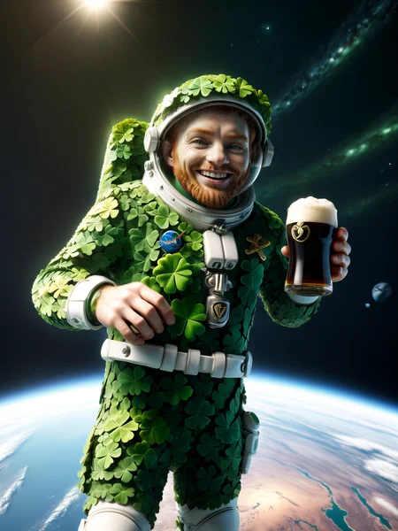 cinematic shot, dramatic lighting , irish leprechaun in orbit of earth in an astronauts suit made of mad-lkyclvr, dynamic pose, <lora:Lucky_Clover_SDXL:1.2> drinking a Guinness beer, grin, (masterpiece:1.2), best quality, (hyperdetailed, highest detailed:1.2), high resolution textures, (masterpiece:1.2), best quality, (hyperdetailed, highest detailed:1.2), high resolution textures