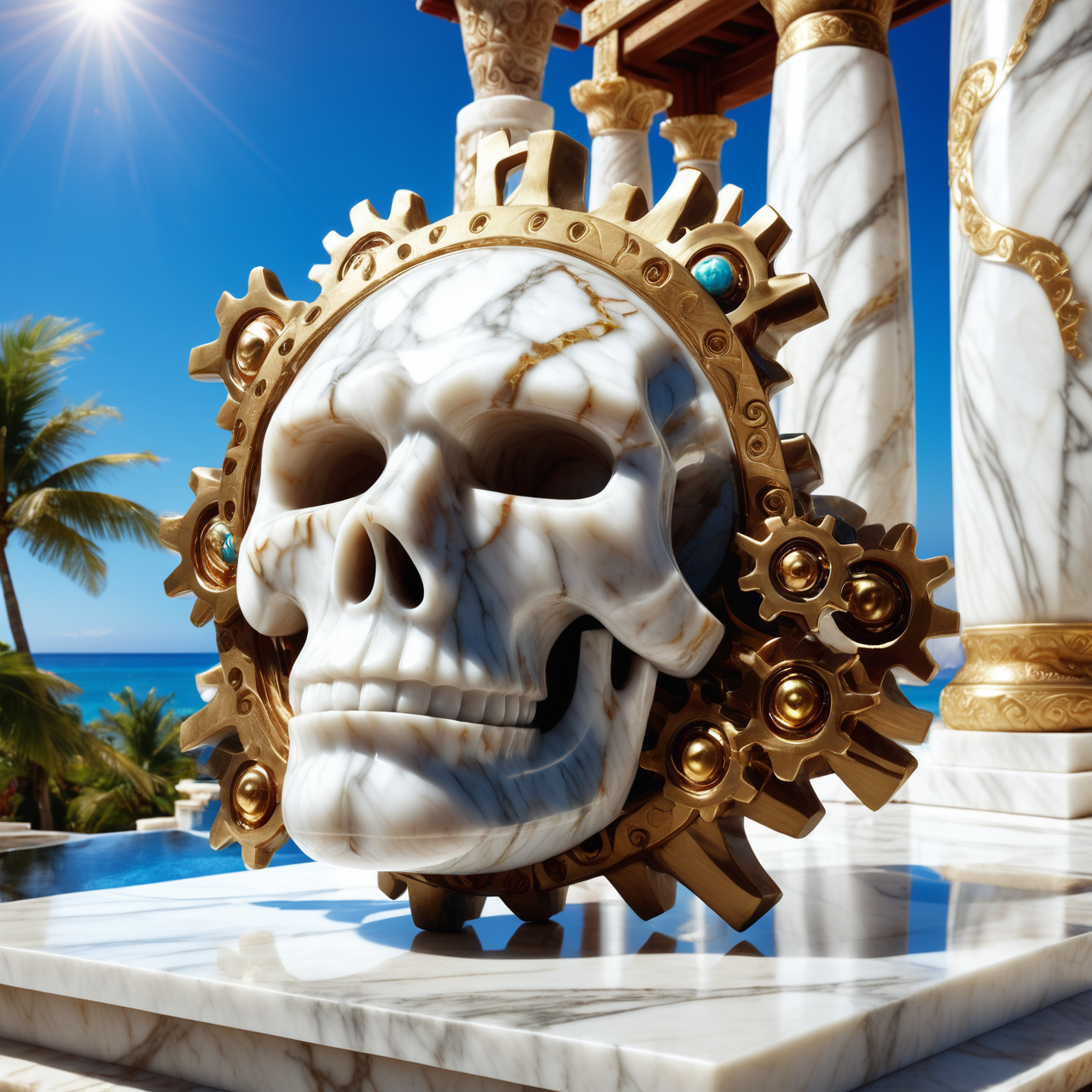 Jed-mrbl, <lora:MarbleStyle-000007:1>, professionally shot of a "Countless Gears Renegade", it is Tiki, complex background, Sun in the sky, soft focus, Awe, spotlight, ambient illumination, colorful, great light, delicate, magic atmosphere, luxury, professional fine composition, creative