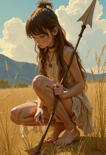 SWMS, masterpiece, best quality, ultra high resolution, a masterpiece that captures the captivating charm of a beautiful painting decorated with baroque patterns. A young adult huntress from the Stone Age crouches low in the tall, wild grasses of a vast, untamed landscape. Her bare feet press into the cool earth, leaving faint imprints as she silently stalks her prey. Her skin, weathered by the elements, is smeared with dirt and natural pigments, giving her a fierce, primal appearance. She wears a simple, fur-lined tunic made from animal hides, draped loosely over her muscular frame, with bone and stone beads strung around her neck. Her hair, long and wild, is tied back with a strip of leather, revealing sharp, focused eyes that scan the horizon for movement. In her hands, she grips a hand-carved wooden spear, ready to strike at any moment. The world around her is harsh and untamedâdistant mountains loom under a vast, cloud-streaked sky, while the wind whistles through the scattered trees and rugged terrain. Every sound, from the rustling leaves to the call of distant animals, is a reminder of the wild and dangerous life she leads. (prehistoric, primal, survival, detailed, atmospheric detailed drawing   <lora:FLUX - SWMSF - Styles for FLUX ( detailed drawing, swms ):1> <lora:FLUX - Surreal_Photo (Glitter):0.6>