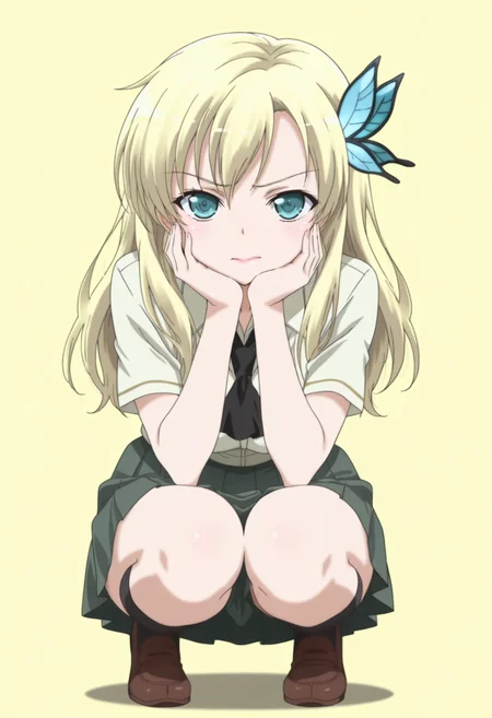 anime screencap, anime coloring, ,     <lora:DX888Sena:1> kashiwazaki sena, aqua eyes, blonde hair, long hair, butterfly hair ornament, school uniform, white shirt, ascot, pleated skirt,  BREAK  yellow background, marble background,( simple background:1.2), BREAK       1girl, full body, hand on own face, looking at viewer, solo, squatting,