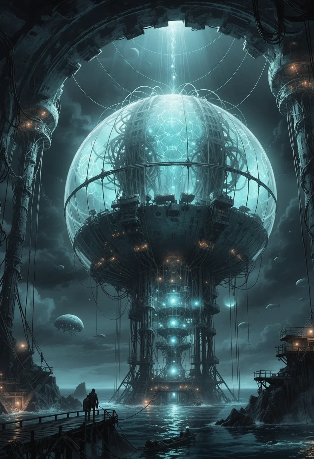 Grimdark fantasy pastel illustration showcasing an oceanic panorama of a futuristic energy dome structure with cables of bioluminescent light connecting upwards. Set beneath the ocean. Palpable despair fills the atmosphere; muted color scheme, deep shadows, lovecraftian, cursed, masterpiece, best quality <lora:dmd2_sdxl_4step_lora>