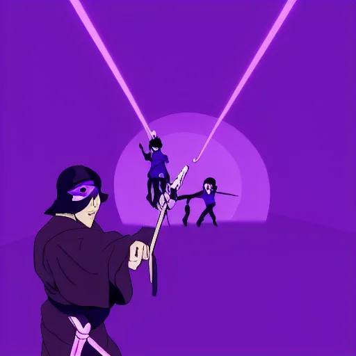 selfie, facing viewer, purple background, train station, sword, ninja