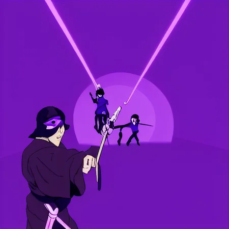 selfie, facing viewer, purple background, train station, sword, ninja