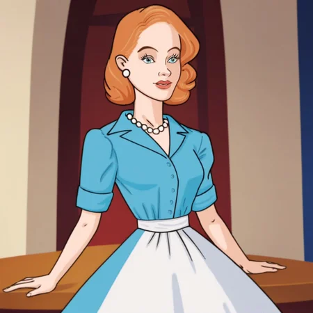 score_9,score_8_up,score_7_up,(masterpiece), best quality, expressive eyes, amazing quality, solo, 1girl, short sleeves, blue eyes, pearl necklace, brown hair, white skirt, lipstick, orange hair, blue shirt