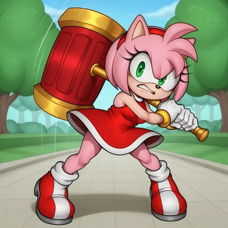 masterpiece, best quality, amazing quality, Detnox,1girl,solo,amy rose, park, holding hammer, amy rose hammer,angry, looking at viewer,red dress,shoes,standing,imminent attack,speed lines, running towards viewer <lora:Detnox:1.0>