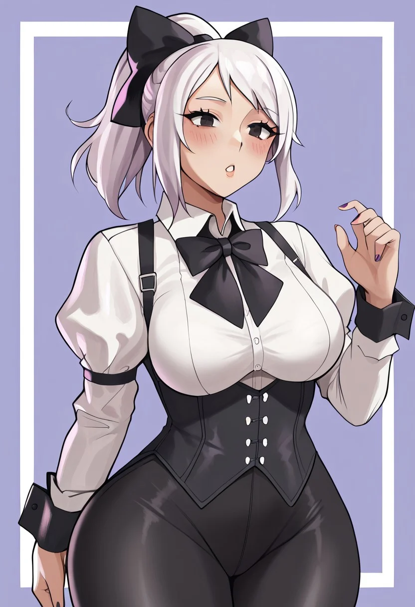 score_9, score_8_up, score_7_up, score_6_up, score_5_up, score_4_up, source_cartoon, <lora:confetti-extract- ponyxl:0.85>, detailed eyes, easynegative, rating_explicit, Expressiveh, 1girl, solo,
Geraldine, shirt, long sleeves, white shirt, white hair, ponytail, sidelocks, thighs, hair bow, collared shirt, pants, puffy sleeves, bowtie, black eyes,  wrist cuffs, black bow, dress shirt, swept bangs, black pants,  high ponytail, juliet sleeves,  black bowtie,  sleeve cuffs, traditional bowtie, necktie, big breasts, blush, shy,