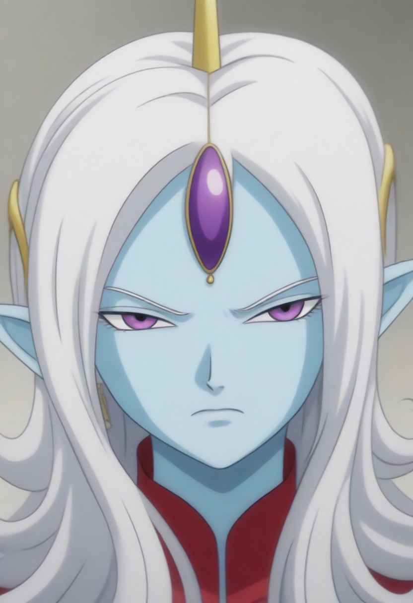 Masterpiece, Top Quality, source_anime, anime screencap, source_anime, auratheguillotine, anime screencap, masterpiece, source_anime, shiny skin,,,,towa(dragon ball), pointy ears, colored skin, blue skin, long hair, purple eyes,white hair, hair ornament, jewelry,