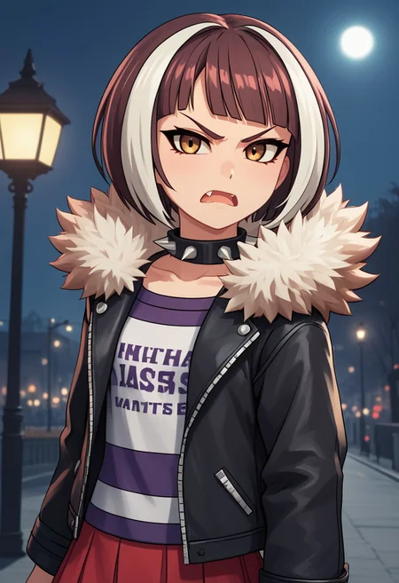 score_4,score_5,score_6,score_7_up,score_8_up,score_9
((masterpiece,best quality,ultra detailed,highres,HD,4k:1.2)),
1girl,solo,streaked hair,short hair,bob cut,bangs,multicolored hair,red and white hair,fang,brown eyes,  jacket,spikes,collar,fur trim,spiked collar,striped shirt,black jacket,shirt,studded collar,red skirt,short skirt,
Moonlight, moonlight, ight, street light
frown,open mouth,
