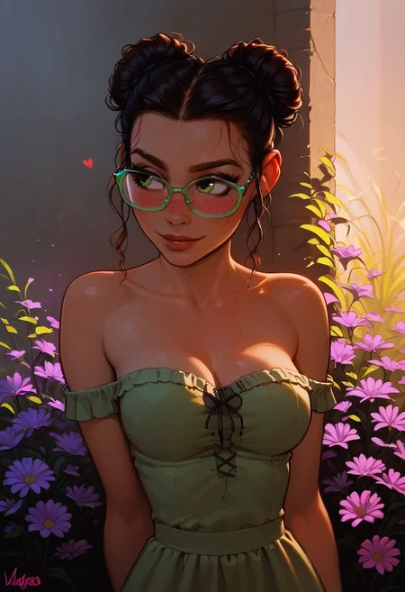 score_9, score_8_up, score_8_up, godrays,, sunlight hitting face, lit from front, sunset sky, g0thicPXL, GTA, 1girl, black hair, green hair, gradient hair, hair buns, short hair, green eyes, big perfect eyes, green rimmed glasses, cute face, (freckles:1.2), ((blush)) highly detailed face, (green sundress, off the shoulder dress, strapless dress), bare shoulders, (cleavage), lsmall breasts, freckled breast, round breasts, breasts together, flat chest, youthful tits petite Body, hourglass figure, slender body shape, perfect slender legs, sweating, oiled skin, looking away, slight smile, lusty, seductive, summer heat, heat effects, sun rays, sharp outlining, high contrast, vibrant colors,BREAK, standing in field of flowers, summer