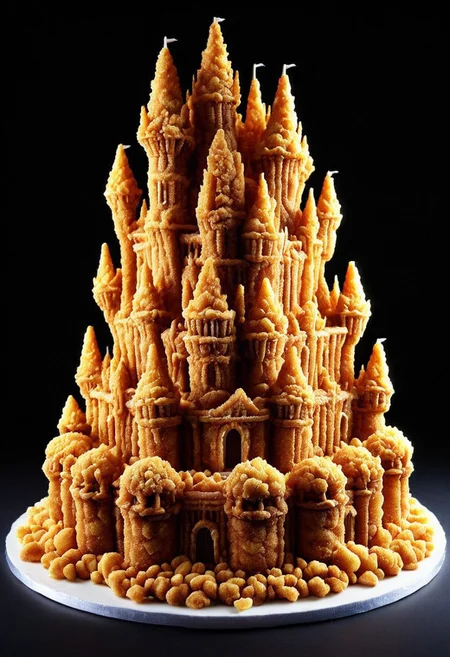 (sculpture cake made of deep fried & crispy breading:1.25), DFC, (breaded:0.3), perfect composition, elaborate, (ultra realistic:1.1), detailed background, masterpiece, best quality, highly detailed, hyper-detailed, uhd, vibrant colors, extremely detailed, exquisite detail, intricate, ultra-realistic, ultra-detailed, kitchen interior