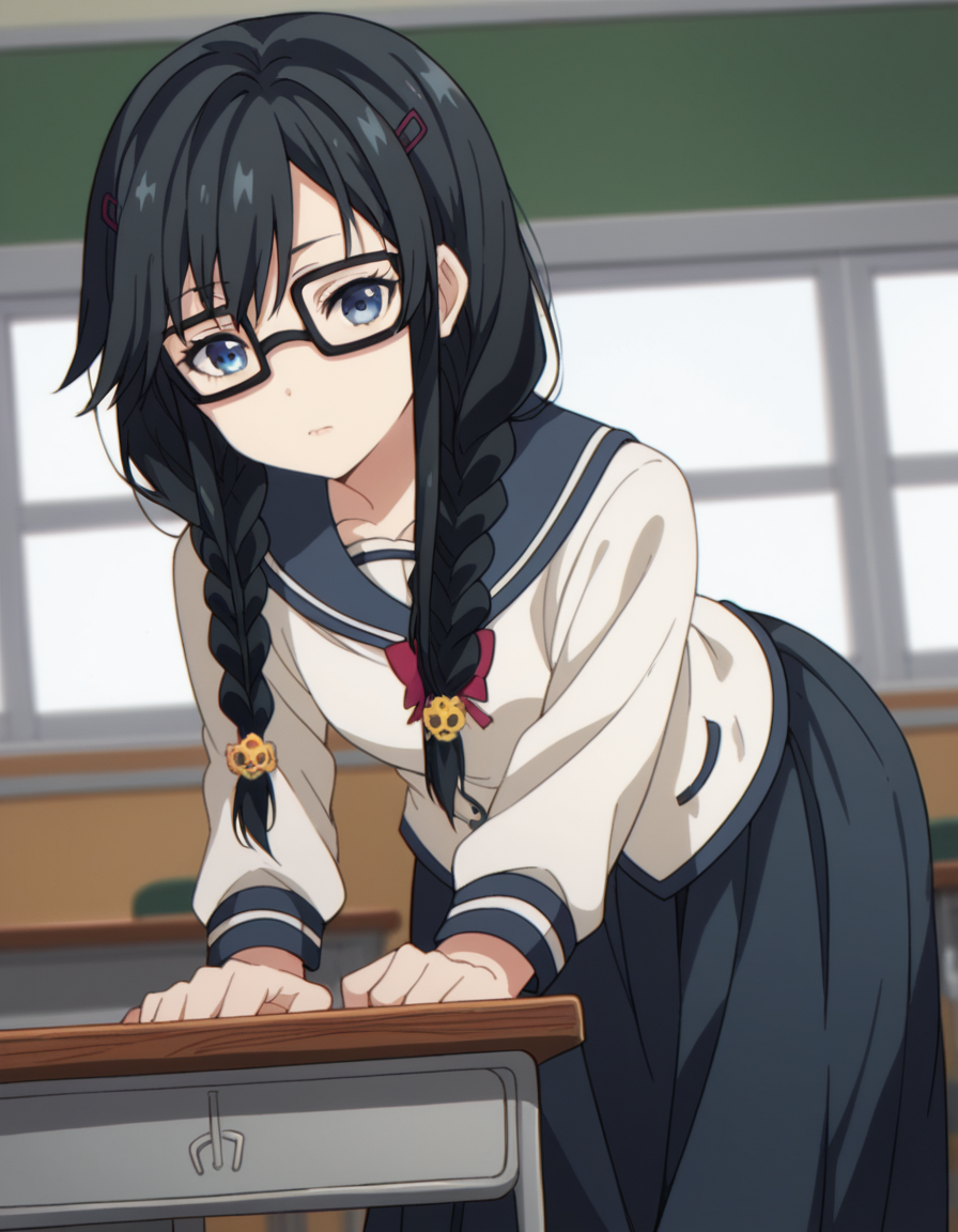 score_9, score_8_up, score_7_up, source_anime,
sumirekosanshokuin, <lora:sumireko-sanshokuin-s1-ponyxl-lora-nochekaiser:1>
sumireko sanshokuin, long hair, black hair, blue eyes,
hair ornament, braid, glasses, twin braids, black-framed eyewear, skirt, hair ornament, school uniform, serafuku, black skirt, long skirt,
indoors, classroom, bent over,
looking at viewer, cowboy shot, dutch angle, solo,