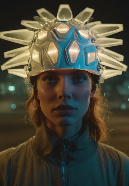 pop art, midnight vision in the style of liam-wong fflix-npt, outside, neo tokyo, Night, Closeup Portrait, Natural charming freckled athletic woman wearing a translucent automaton helmet, detailed skin and lips, extreme Face CloseUp, looking at Viewer, intricate translucent technical helmet details, atmospheric haze, Film grain, cinematic film still, shallow depth of field, highly detailed, high budget, cinemascope, moody, epic, OverallDetail, gorgeous, 2000s vintage RAW photo, photorealistic, candid camera, color graded cinematic, atmospheric lighting, skin pores, imperfections, natural, shallow dof,