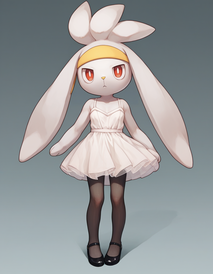 score_9, score_8_up, score_7_up, score_6_up, score_5_up, score_4_up, 1girl, full body, solo,
 <lora:Raboot_v0-3:1> raboot, pokemon \(creature\), white fur, droopy ears, rabbit ears, rabbit tail, red eyes, looking at viewer, furry female, yellow hairband,
silk-slip-dress, strappy-flats, sheer-pantyhose