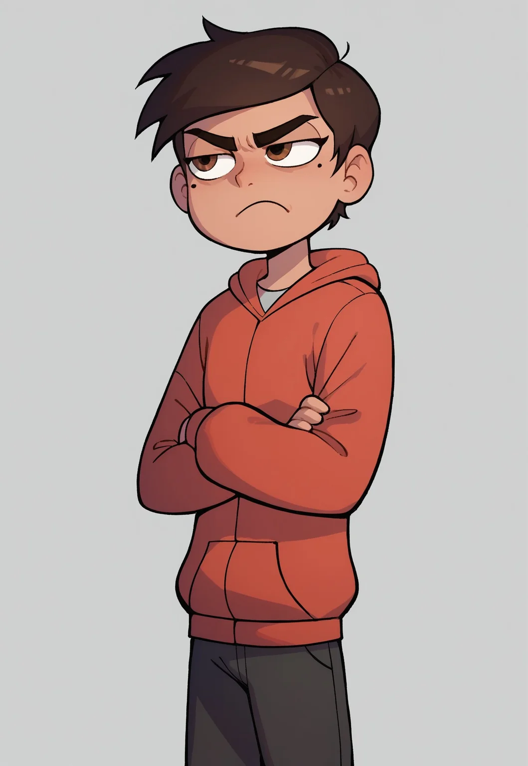 easynegative, Expressiveh, 2D, score_9_up, score_9, score_8_up, score_8, score_7_up, score_7, highly detailed, high contrast, amazing quality, dynamic lighting, Marco Diaz, Brown hair, brown eyes, dark-skin, angry face, solo, hoodie, hood, pants, standing, crossed arms, disgust face, simple background,