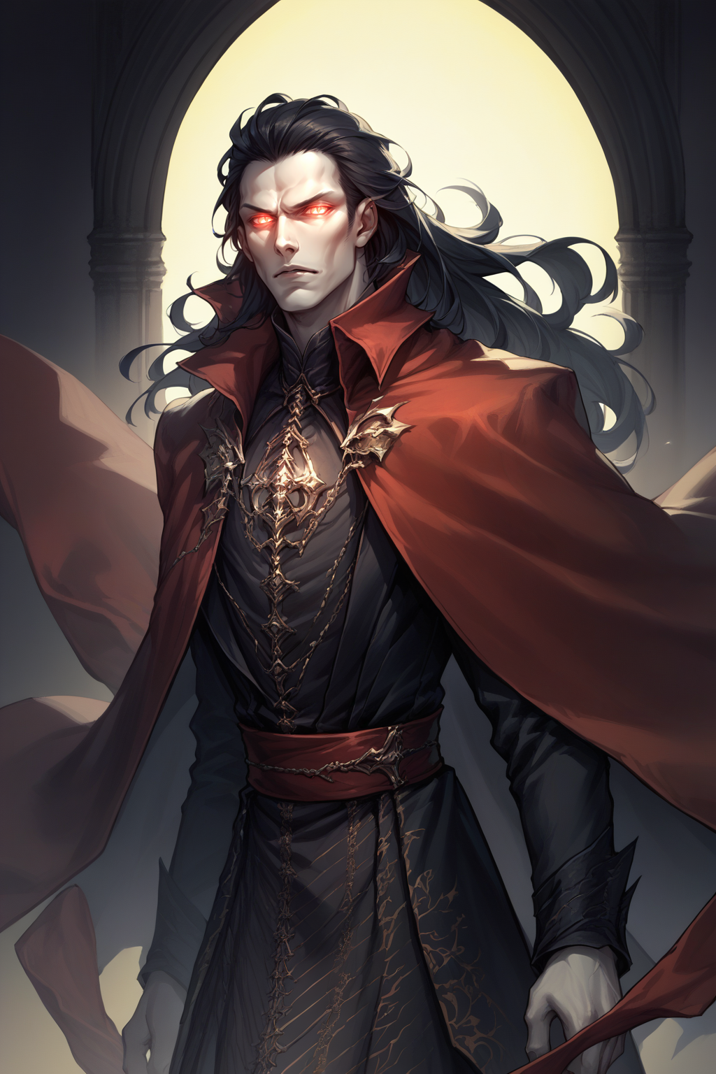 source_anime, score_9, score_8_up, solo, male focus, <lora:clamStrahdPDXL_v12:1> Strahd, vampire, long hair, red cape, close-up, glowing eyes, volumetric lighting, black background, flying