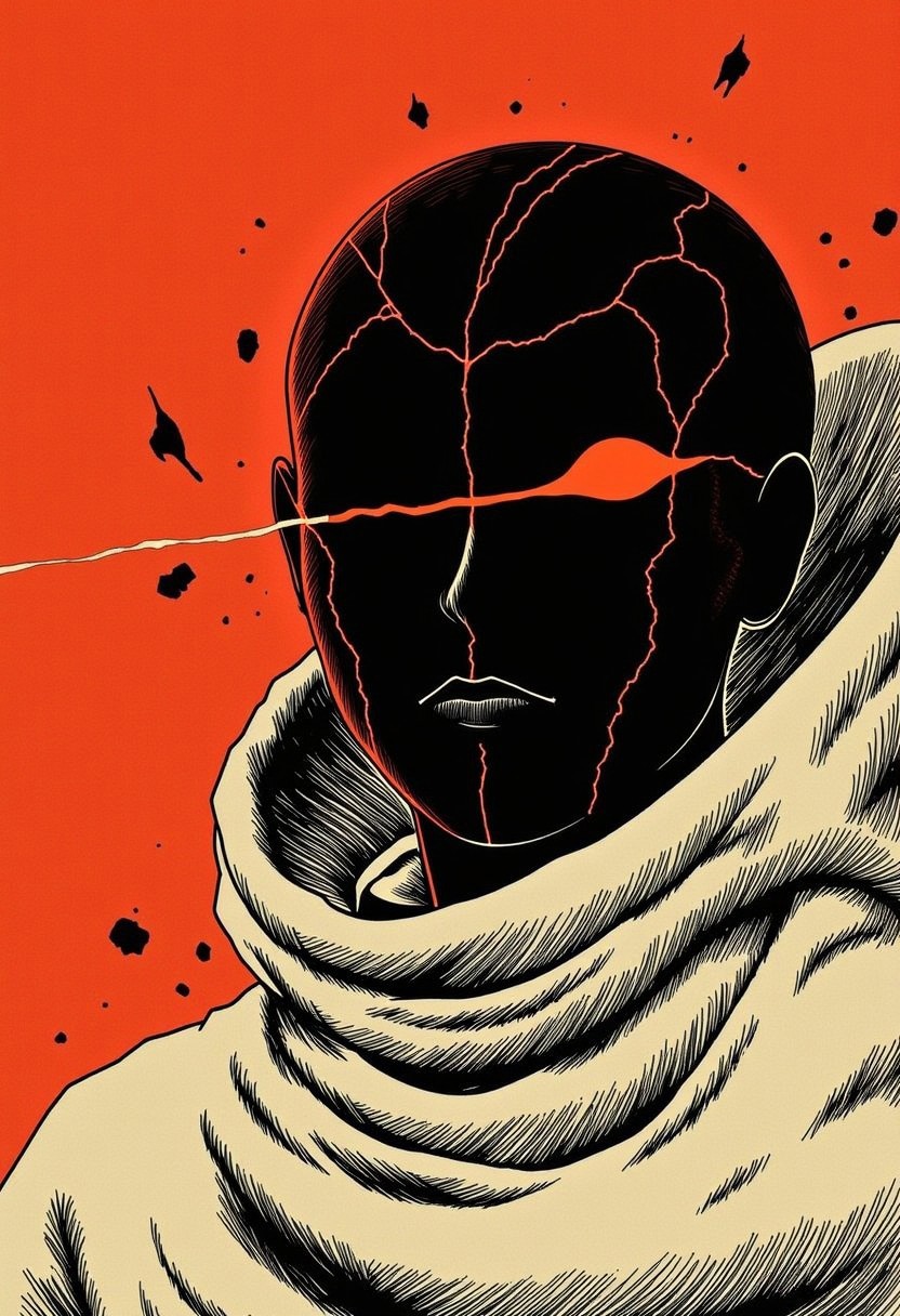 M100-style, extreme intricate Closeup Portrait, cyclops, bleaked orange one-eyed woman with Planethead and billowing beige high collar cape, action scene, moody DARK pastel Red and White color graded, eye-trail, intricate Face lines