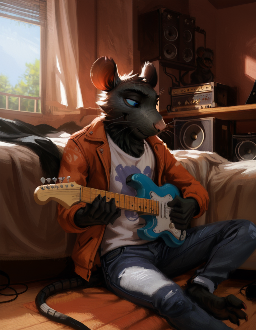 digital painting, 
masterpiece, best quality, disney animation,
solo, male, anthro, clothing, clothed, detailed background, black body, inside, day, sitting, biped, topwear, furniture, feet, bed, holding object, light, blue eyes, shirt, fingers, bottomwear, pants, rat, bedroom, lighting, table, barefoot, jacket, 4 fingers, on ground, black beak, denim, denim bottomwear, denim clothing, desk, jeans, musical instrument, amplifier, electric guitar, guitar, plucked string instrument, speaker, string instrument, t-shirt, \
<lora:Traditional_Art_v2.5-000010:1>âââ