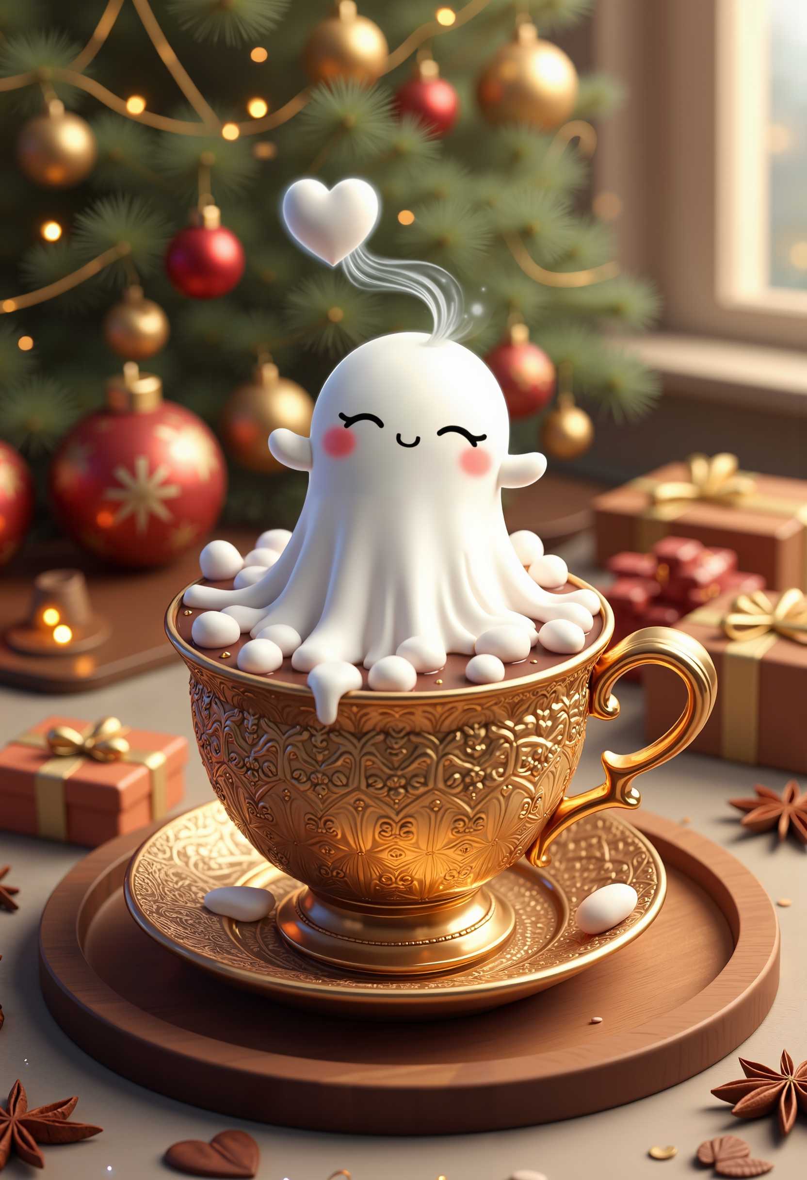 bo-christmas, christmas mood, magical christmas, eye-catching text saying "Christmas Dreams", a highly detailed, digital illustration depicting a cozy, festive scene, the central focus is a golden, ornate teacup filled with hot chocolate, topped with marshmallows and a soft, creamy white ghost-like substance, the ghost has a cute, kawaii face with closed eyes and a serene expression, emitting a gentle, ethereal cloud of steam, the cup is placed on a wooden tray, surrounded by various holiday-themed decorations, including a small, wrapped gift box with a golden ribbon, a small heart-shaped cookie, and various star anise and cinnamon sticks, the background features a blurred, warm-toned scene of a christmas tree adorned with golden and red ornaments, a string of fairy lights, and a few small, glowing lights, creating a warm, inviting ambiance, the overall color palette is warm and inviting, with a focus on the cozy, inviting atmosphere, the textures are soft and smooth, enhancing the festive feel, the illustration is highly polished, with meticulous attention to detail, making it appear almost three-dimensional, the image exudes a sense of warmth and comfort during the holiday season, high quality, ultra detailed, colorful, abstract, fantasy.<lora:Flux\boFLUX Christmas Dreams.safetensors:1.0:1.0>