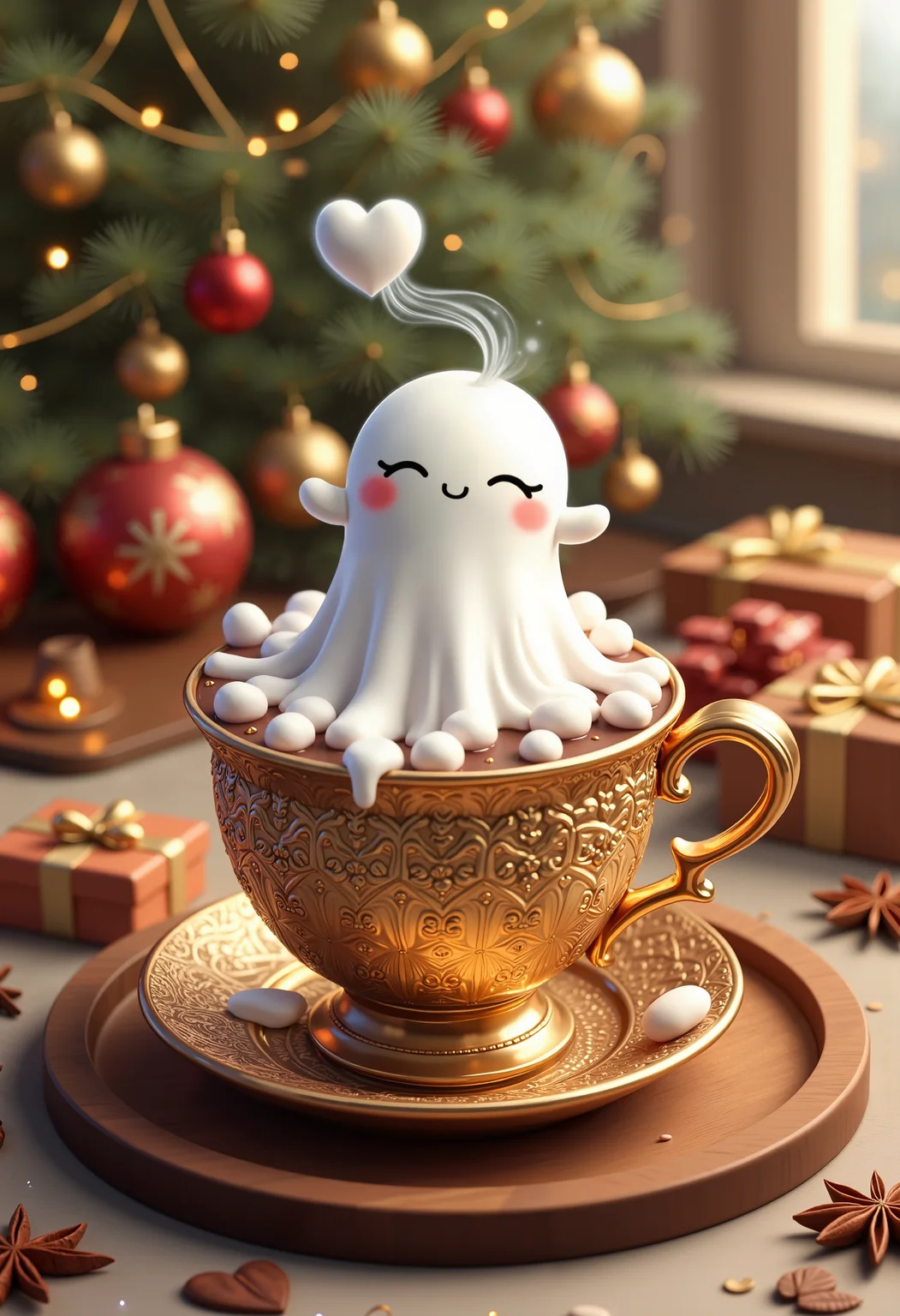 bo-christmas, christmas mood, magical christmas, eye-catching text saying "Christmas Dreams", a highly detailed, digital illustration depicting a cozy, festive scene, the central focus is a golden, ornate teacup filled with hot chocolate, topped with marshmallows and a soft, creamy white ghost-like substance, the ghost has a cute, kawaii face with closed eyes and a serene expression, emitting a gentle, ethereal cloud of steam, the cup is placed on a wooden tray, surrounded by various holiday-themed decorations, including a small, wrapped gift box with a golden ribbon, a small heart-shaped cookie, and various star anise and cinnamon sticks, the background features a blurred, warm-toned scene of a christmas tree adorned with golden and red ornaments, a string of fairy lights, and a few small, glowing lights, creating a warm, inviting ambiance, the overall color palette is warm and inviting, with a focus on the cozy, inviting atmosphere, the textures are soft and smooth, enhancing the festive feel, the illustration is highly polished, with meticulous attention to detail, making it appear almost three-dimensional, the image exudes a sense of warmth and comfort during the holiday season, high quality, ultra detailed, colorful, abstract, fantasy.<lora:Flux\boFLUX Christmas Dreams.safetensors:1.0:1.0>