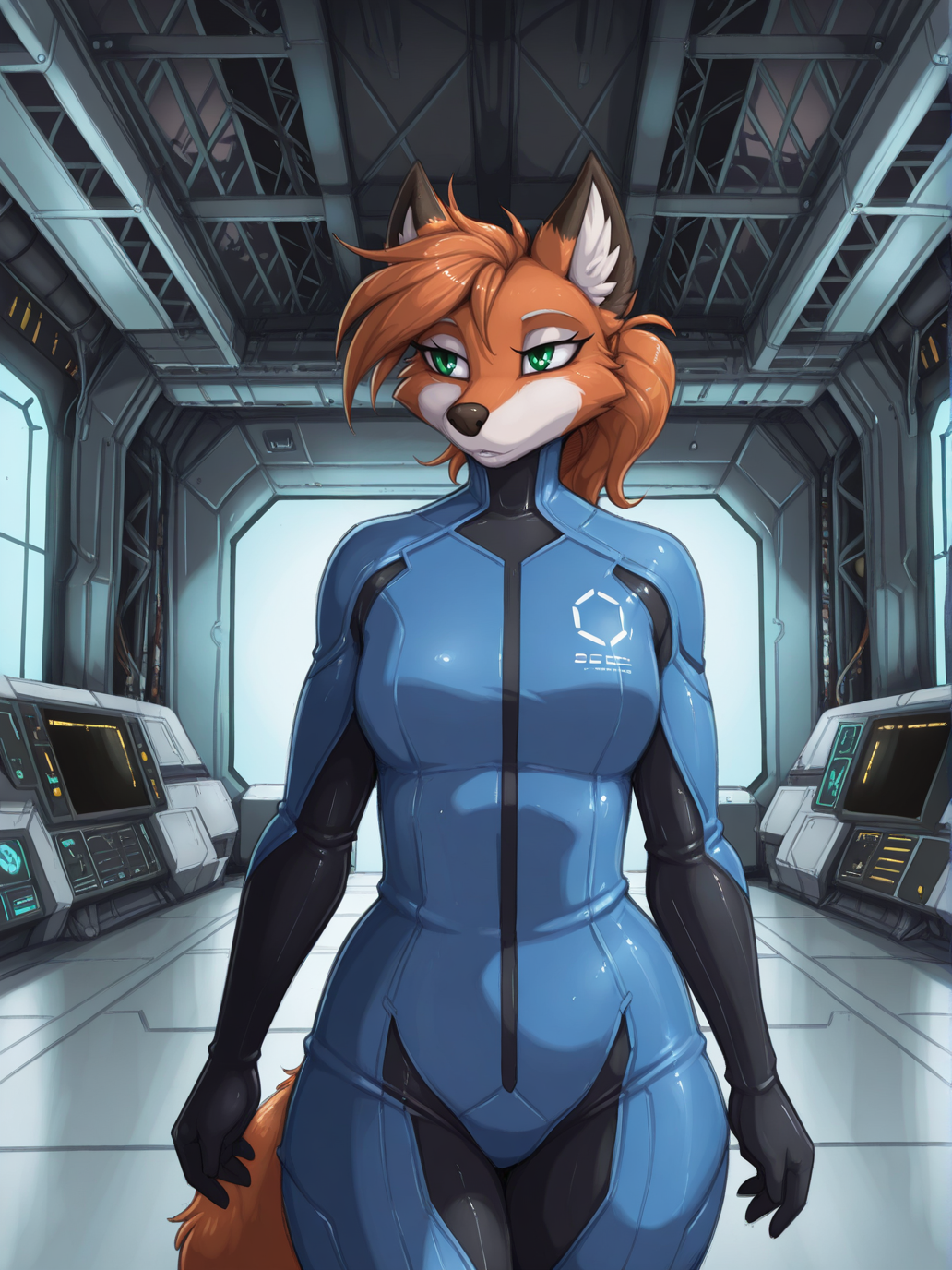 Masterpiece, 1girl, solo, female anthro, furry, fox, green eyes, bodysuit, detailed background, high quality, best quality, space hangar background, sci-fi, sci-fi interior, indoors, hangar, hangar interior, <lora:Jay_Naylor_Style_Lora_Illustrious_r1:1> by jay naylor