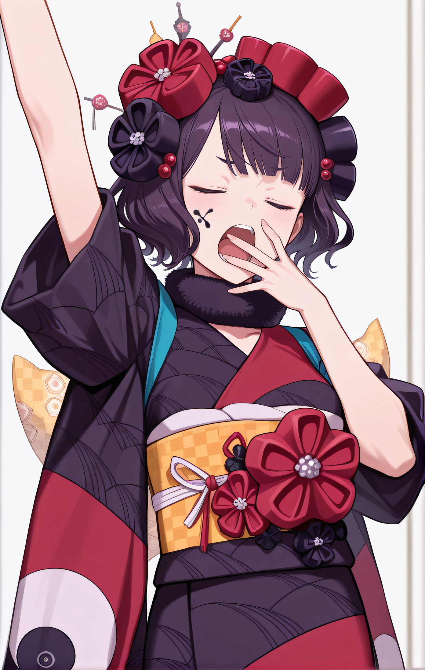 masterpiece, best quality, amazing quality, highres, absurdres, very aesthetic, high resolution, ultra detailed, perfect details, 1girl, solo, <lora:IL_Katsushika_Hokusai:1>, katsushika hokusai (fate), tokitarou (fate), oui, purple hair, closed eyes, hair flowers, hairpin, fur collar, japanese clothes, kimono, yellow obi, wide sleeves, yawning, hand on mouth, open mouth, indoor, cowboy shot, arm up, upper body, indoor, ink on cheek