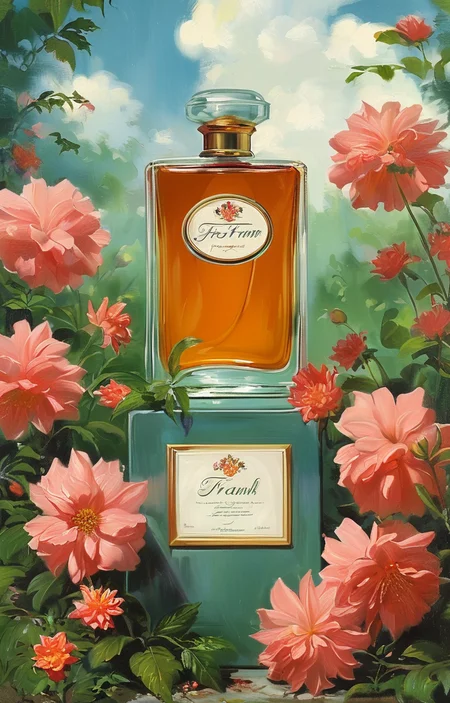 masterpiece,best quality,<lora:tbh210-sdxl:0.9>,illustration,style of Art Frahm, A bottle of perfume in garden