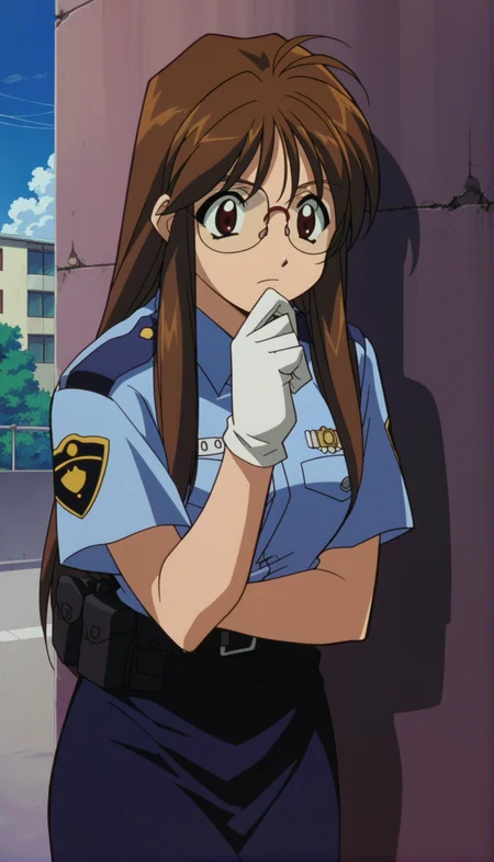 score_9,score_8_up,score_7_up,Nikaido Yoriko Pony,1990s \(style\),1girl,solo,brown hair,glasses,police uniform,long hair,brown eyes,shirt,short sleeves,blue shirt,rimless eyewear,blue skirt,<lora:Nikaido Yoriko Pony:0.9>,cowboy shot,white gloves,adjusting_eyewear,outdoors,