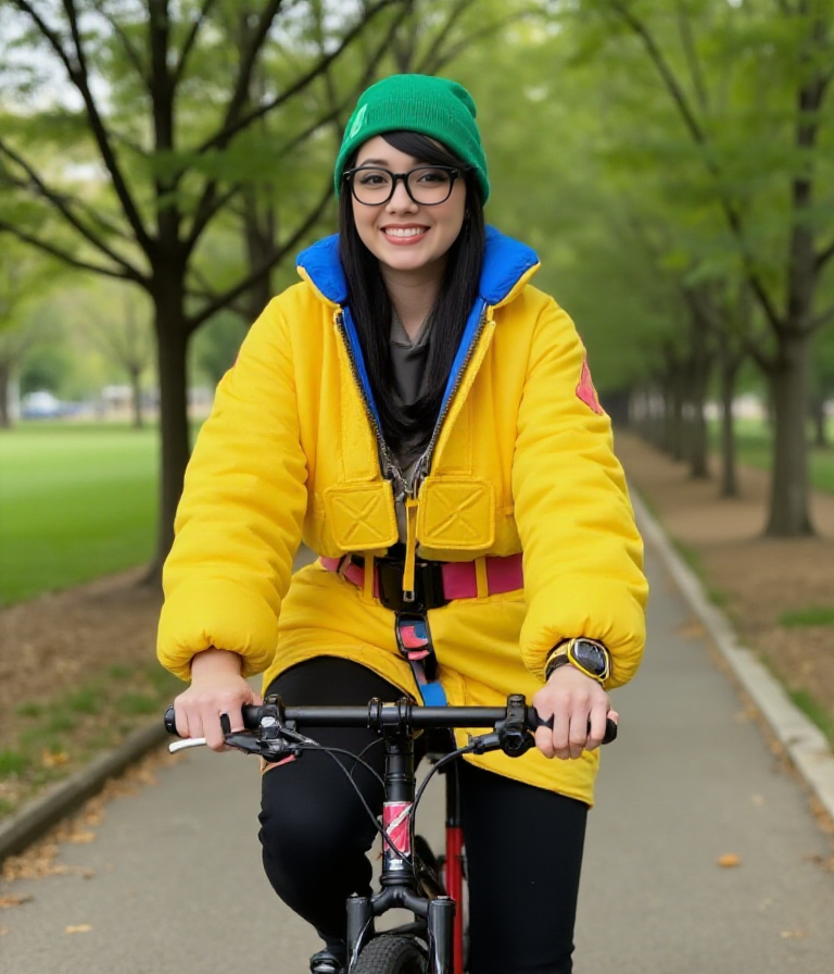 She rides a bicycle in a park.  <lora:Killjoy:0.9> killjoy, a woman with a yellow jacket, black glasses, green hat, black pants.