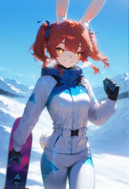 score_9_up, masterpiece, best quality, amazing quality, very aesthetic, absurdres, newest, scenery, detailed hair, 1girl, solo girl, silver skie suit, snowy mountains, snowboarding, holding snowboard, visible breath,
<lora:Mera_Red_bunny_girl__Pony_V3.0:1> Mera red, rabbit ears, tail, golden eyes, triangle shaped pupils, light freckles, medium hair, red hair, pigtails with blue ribbons, bangs, (((adult))) small breasts, smile,