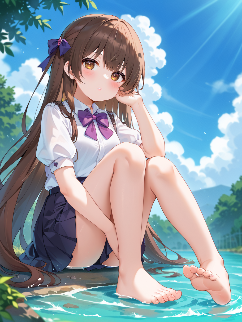 1girl, 
solo, depth of field, bow, barefoot, outdoors, day, looking at viewer, purple bow, bowtie, blurry background, puffy short sleeves, black skirt, very long hair, tree, puffy sleeves, purple bowtie, blurry, pleated skirt, toes, sunlight, brown eyes, collared shirt, shirt, parted lips, long hair, blurry foreground, sitting, short sleeves, soles, sky, wariza, brown hair, white shirt, cloud, blue sky, skirt, blush,
A young girl with long dark hair and bangs. the girl is sitting on the ground with her legs crossed and her hands resting on her knees. she has a serious expression on her face and is looking off to the side. in front of her, there are two large rocks that appear to be floating in the water.
score_9, score_8_up, score_7_up, source_anime
 <lora:style016:0.8>