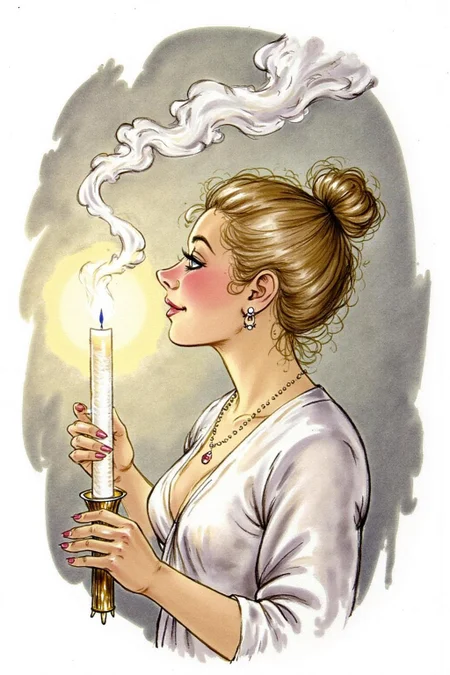 d0sn Illustration. Wisps of smoke rising from a candle in the form of a woman's profile <lora:d0sn_illus7_cap_d6a3:1.0><lora:805784909244469715:0>