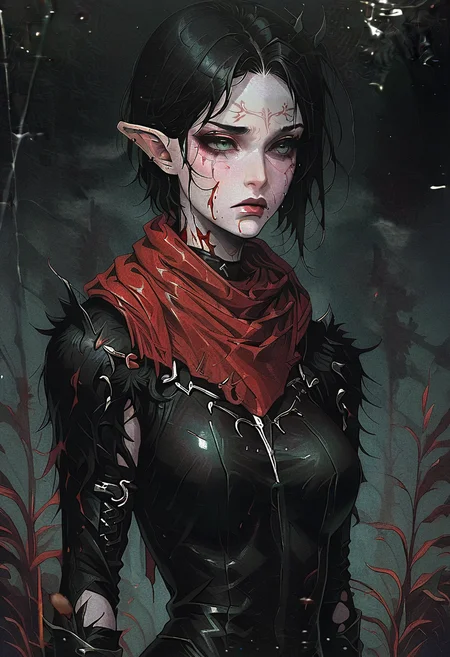 score_9, score_8_up, score_7_up, 1girl, solo, SulfS-M3rr1LL, pointy ears, face tattoo, facial mark, short hair, black hair, green eyes,
chainmail sleeves,black tunic, red scarf, fur trimmed shoulder pads, leather bracers,
serious face, covered in blood, upper body, blood marks,
<lora:Merrill_Dragon_age_2-000008:1>, <lora:STNST:0.9> scratches, vintage texture, grunge effect, film grain, retro aesthetic, high contrast, retro film grain, eerie, mysterious, intense, edgy, gothic, dark, horror, vintage, grunge,