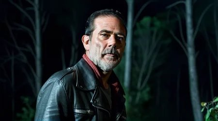 movie poster portrait of TWDNegan with bat in forest clearing, sharp eyes, looking into the distance, detailed face, midnight, moonlight, hyperdetailed, shallow depth of field, f1.4, <lora:TWDNegan:1>