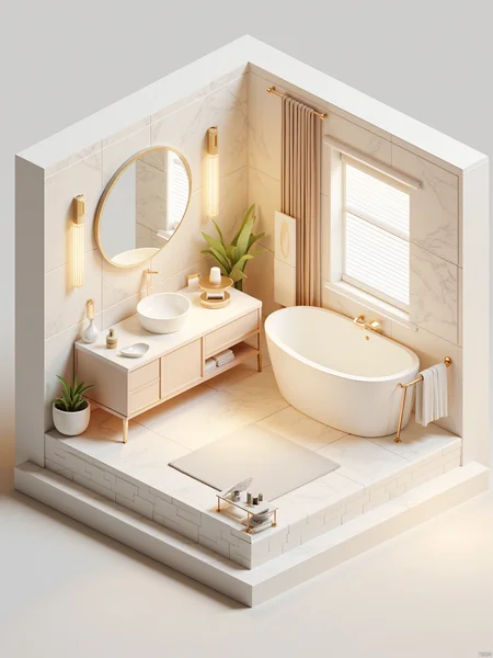 OBdengzhou,C4D_style,Isometric Room Digital Illustr,
In the isometric 3D room C4D illustration, a luxurious bathroom is adorned with marble tiles and a large bathtub. A vanity with a mirror offers plenty of space for grooming, and soft lighting creates a relaxing ambiance.