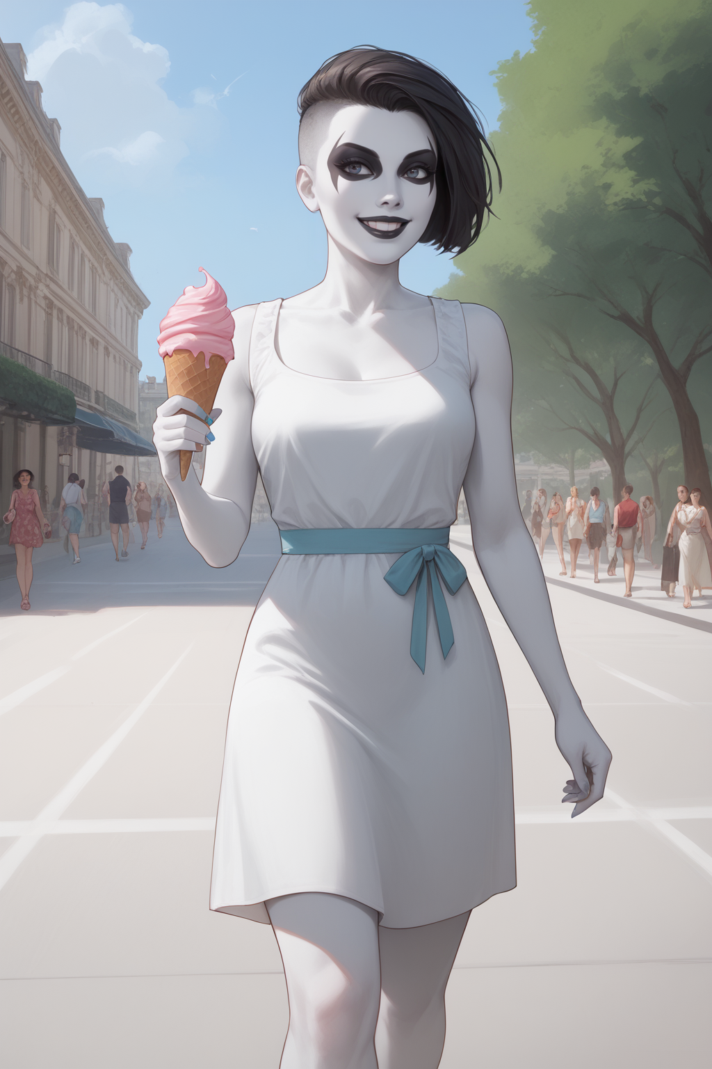 score_9, score_8_up, score_7_up, masterpiece, high quality
 <lora:CrushPonyLora:0.9> crsh, pale skin:1.2, white skin:1.2,  colored skin, facepaint, short hair, mohawk, summer dress, walking in paris, holding an ice cream, smile