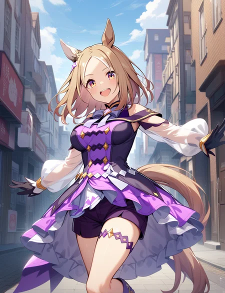 narita_top_road \(umamusume\),street, buildings,street, buildings,1girl, horse ears, horse tail, bow, open mouth, smile, looking at viewer, bowtie, medium hair, frills, white gloves, mismatched gloves,(black glove:1.1),brooch, teeth, star hair ornament, purple high heel boots, purple dress, sleeveless dress, puffy long sleeves, see-through sleeves, detached sleeves, purple short shorts, purple shorts, thigh strap, shorts under dress, shoulder cutout
,masterpiece, best quality, very aesthetic, absurdres
 <lora:SDXL_narita_top_road_v1.15:0.7>