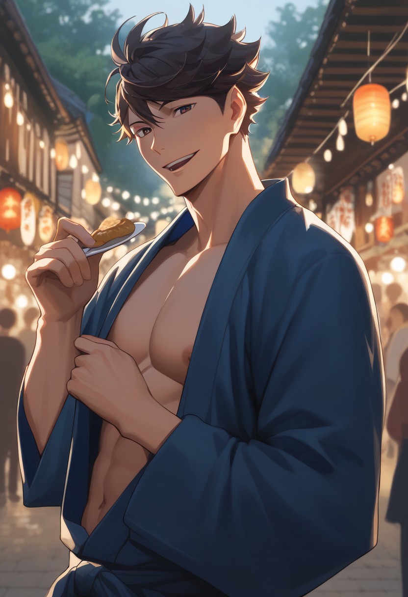 score_9, score_8_up, score_7_up, source_anime, rating_explicit, hands with five fingers, pecs, Oikaikyu, 1boy, male focus, dark-blue yukata, smiling, looking at viewer, blurry outdoor lantern festival, food stalls, warm bokeh,