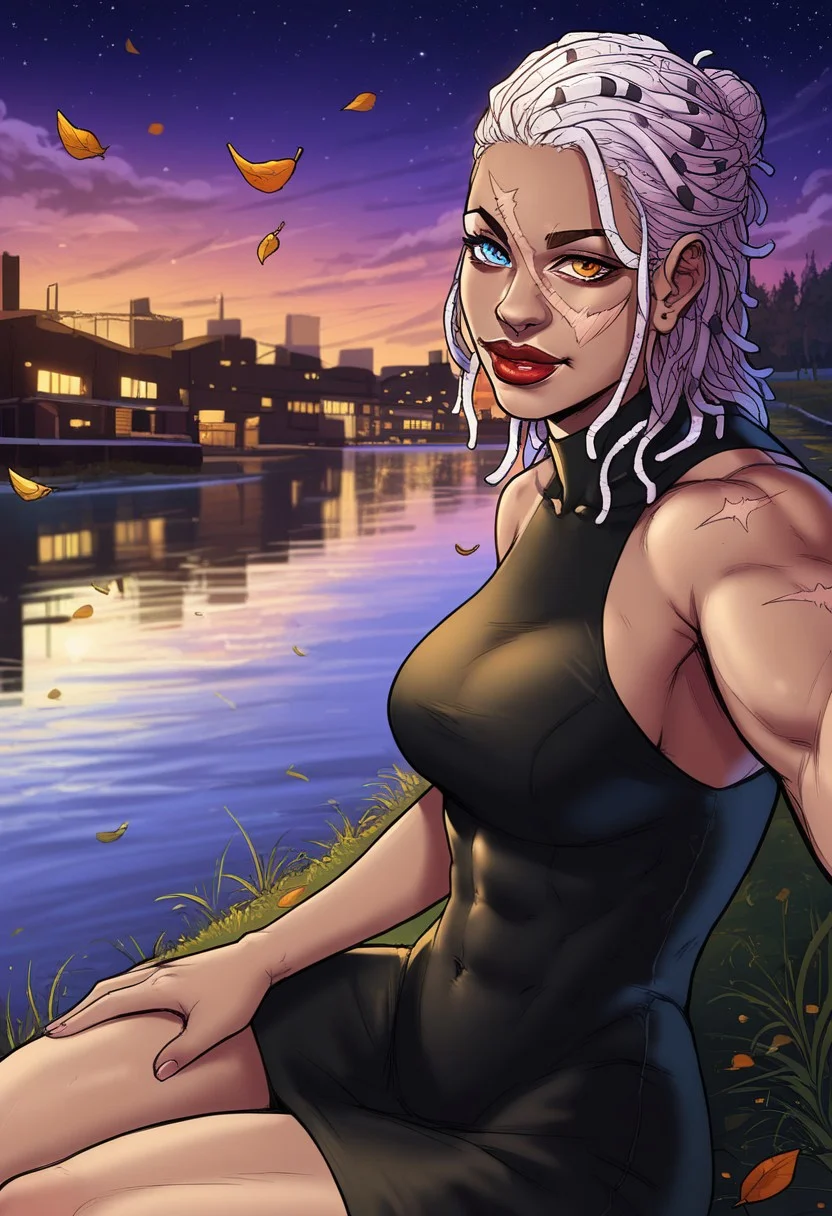 detailed face, detailed eyes, high resolution, intricate design, sharp edges, smooth, high detailed, god level, good proportions, detailed fingers
...
(Andrea, 1girl, scar on face, scar across eye, white hair, dreadlocks, single hair bun. heterochromia, left orange eye, right blue eye, muscular female, black loin dress, single sleeve, black high heels, jewelry, lipstick, huge thighs)
...
looking at viewer, sitting, crossed legs, side view, close up, thighs up, selfie, hand on thigh, inclined
...
score_10, score_9, score_8, 1girl, solo, alone, cinematic, sketch
...
outdoors, buildings, night, dynamic lighting, city view, lake, wind, leaves