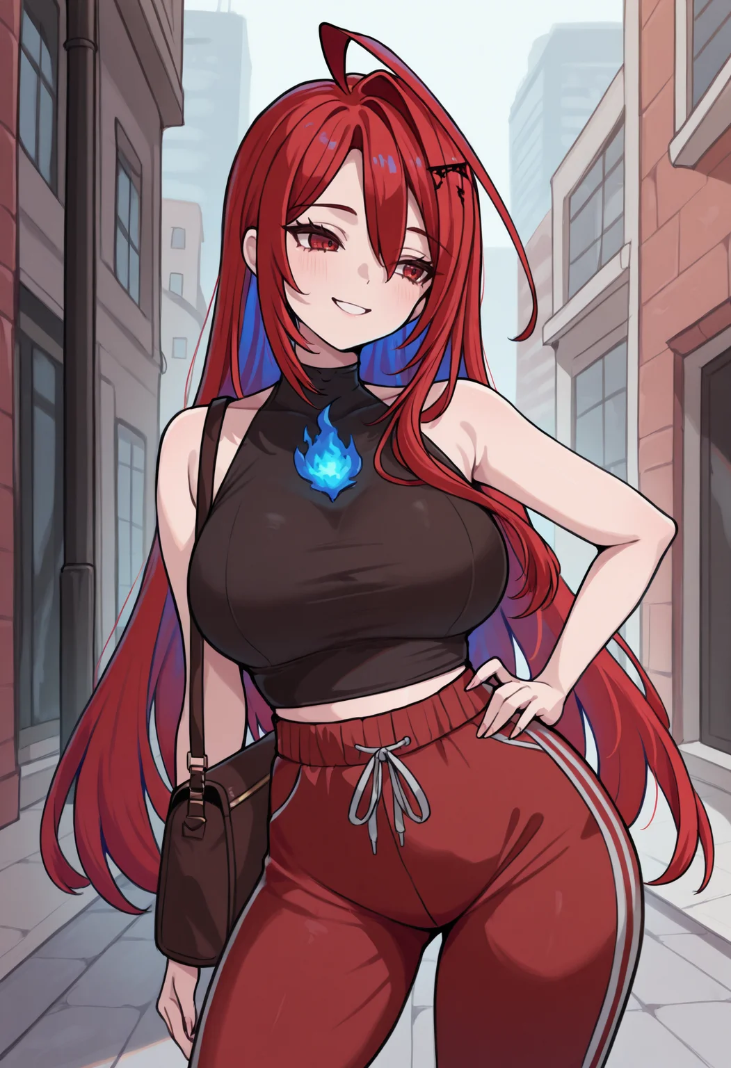 masterpiece, best quality, 1girl, solo, ElizabethRB, red eyes, red hair, colored inner hair, long hair, huge ahoge, hair ornament, blue fire, fire on chest, black shirt, sleeveless, halterneck, covered collarbone, shoulder bag, high-waist pants, sweatpants, red pants, midriff peek, hand on hip, contrapposto, smile, outdoors, street, <lora:ChamElizabethRoseBloodflameIllustriousXL:1>