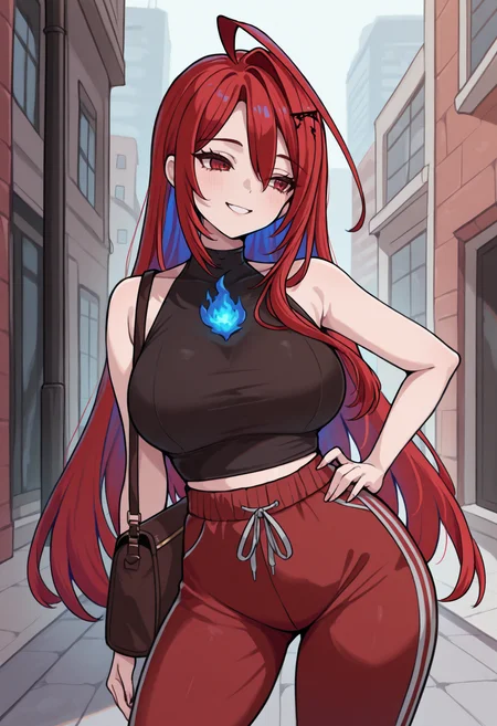 masterpiece, best quality, 1girl, solo, ElizabethRB, red eyes, red hair, colored inner hair, long hair, huge ahoge, hair ornament, blue fire, fire on chest, black shirt, sleeveless, halterneck, covered collarbone, shoulder bag, high-waist pants, sweatpants, red pants, midriff peek, hand on hip, contrapposto, smile, outdoors, street, <lora:ChamElizabethRoseBloodflameIllustriousXL:1>