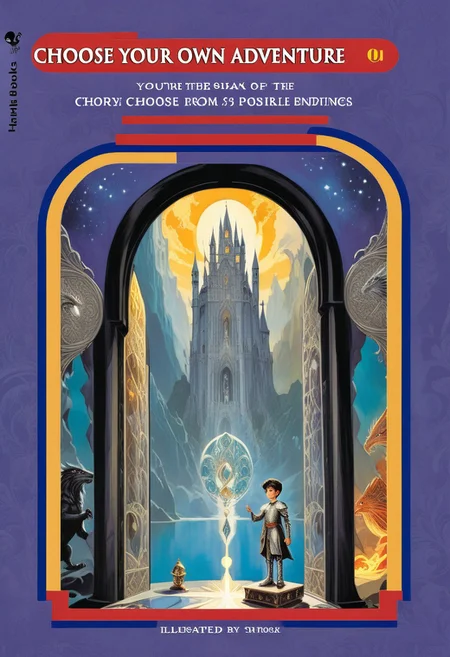 choose your own adventure, graphic novel illustration, The Magic Mirror Description: The cover features a child looking into an ornate mirror that reflects a fantastical world with castles, dragons, and wizards. The protagonist finds a magical mirror that transports them to a parallel world where they must navigate political intrigue and magical battles to find their way home., d3c0pnuk, detailxl, str34ml1n3