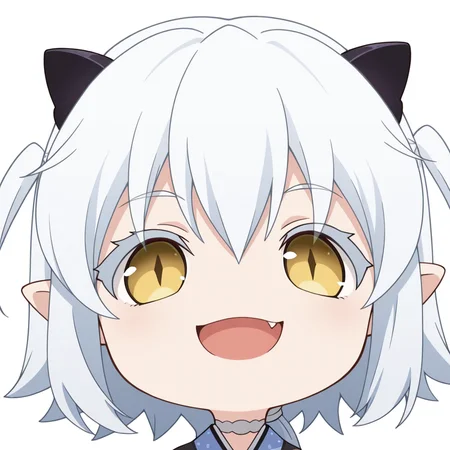 masterpiece,best quality,newest,absurdres,highres,1girl,no nose,solo,mutsuki face \(blue archive\),portrait,chibi,<lora:mutsukifacebaillusxl:0.8>,
evil smile,fang,open mouth,white background, simple background, 
BREAK <lora:shiroyasha_mondaiji_illuV01_illuV01_b3g2plw02c1wd05_d32a32_lr800s2_rvs:1>,
sy_mondaiji,white hair,black horns,two side up,long hair,yellow eyes,slit pupils,white eyelashes,white eyebrows,pointy ears,low ponytail,white choker,black kimono,blue lapels,