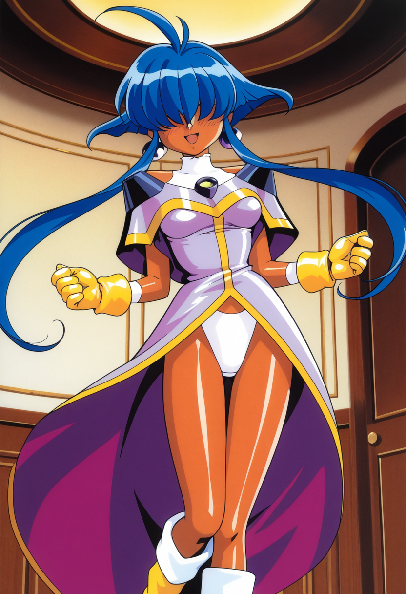 cacao, long_bangs, hair over eyes, long hair, short hair with long locks, blue hair, sidelocks, dark-skinned female, ahoge, dark skin, thigh gap, medium breasts,
earrings, jewelry, light_purple_dress, white _bikini_bottom, yellow gloves, boots,
1990s (style), retro artstyle,
 <lora:cacao_Illustrious-XL_2.0_v1:1>, masterpiece,best quality,amazing quality,1girl, solo, standing, (dynamic pose) , blush,
looking at viewer,cowboy shot,open mouth,light smile, 
(indoors, )