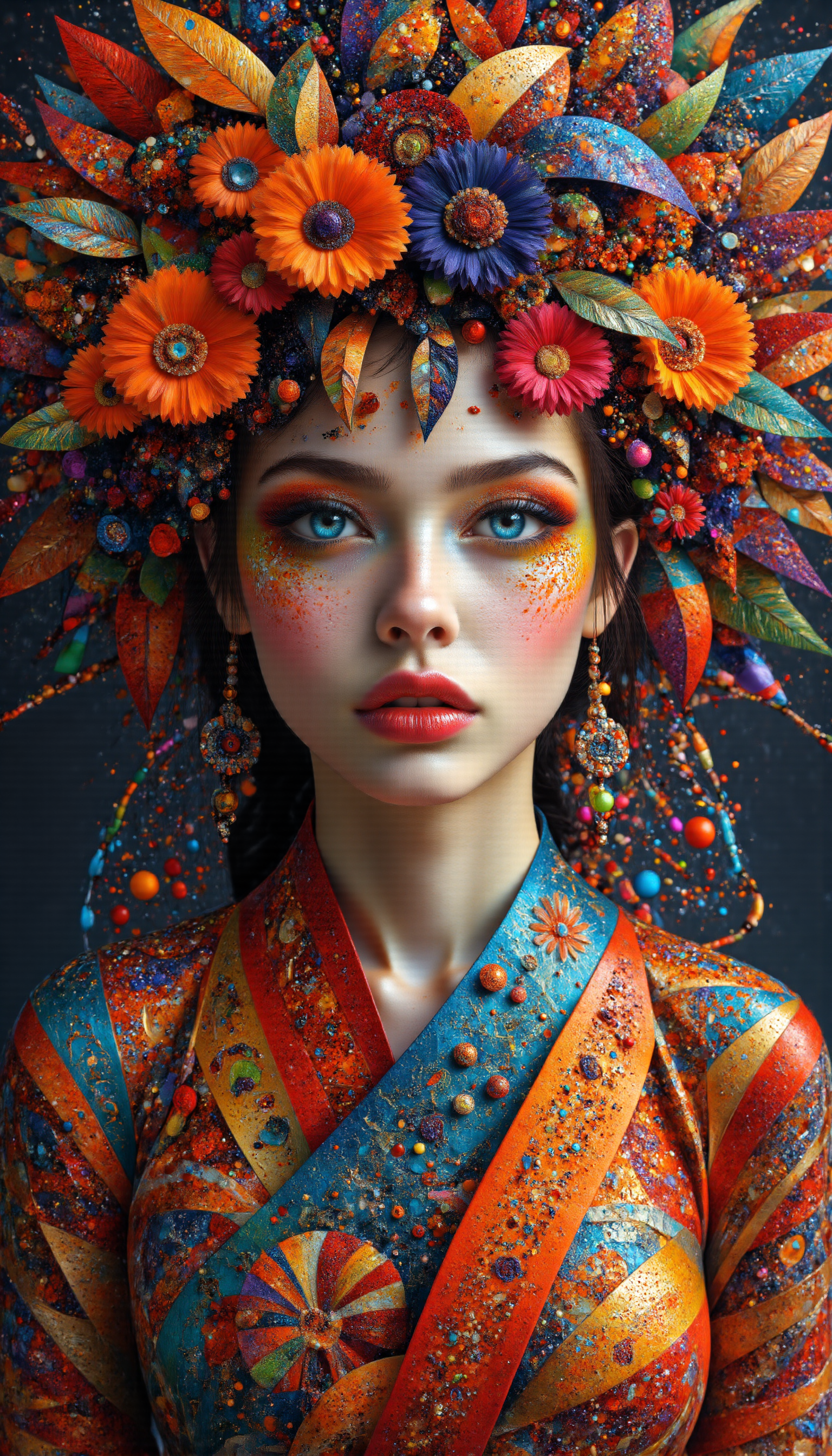 This is a fantasy-themed illustration featuring a colorful and hyper-realistic style. a stunning supermodel, featuring a beautifully detailed face with captivating eyes and a serene expression, detailed skin texture, (blush:0.5), (goosebumps:0.5), subsurface scattering, Her hair is styled in an intricate and unique fashion, adding to her ethereal and timeless aura, a contemporary colorful dress, composition, sophisticated, striking, artistic, innovative, aesthetic, futuristic, cutting-edge, elegant, chic, colorful, The composition blends modern and traditional elements with a neo mode, avant-garde style, characterized by elegant lines, vibrant colors, and exquisite details, The image showcases her natural beauty, focusing on her flawless skin and delicate features, The lighting enhances her features, creating a soft interplay of light and shadow, while the high-resolution quality captures every detail with photorealistic clarity,   modeling pose, (three quarter view:1), (from above:0.6), (dutch angle:0.2), fullbody, 
 <lora:midjourney_whisper_chromaplex_v1:0.9>, <lora:midjourney_whisper_flux_lora_v01:1>,