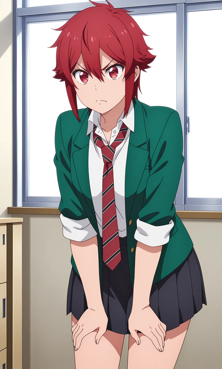 anime coloring, (anime screencap) masterpiece, detailed face,1girl, <lora:Tomo_Aizawa:0.8>Tomo, solo, school uniform, necktie, red hair, red eyes, short hair, jacket, blazer, skirt, frown, window, sleeves rolled up, pleated skirt, shirt, striped necktie, hair between eyes, green jacket,striped, looking at viewer, indoors, red necktie, white shirt, sidelocks, v-shaped eyebrows, open clothes, closed mouth