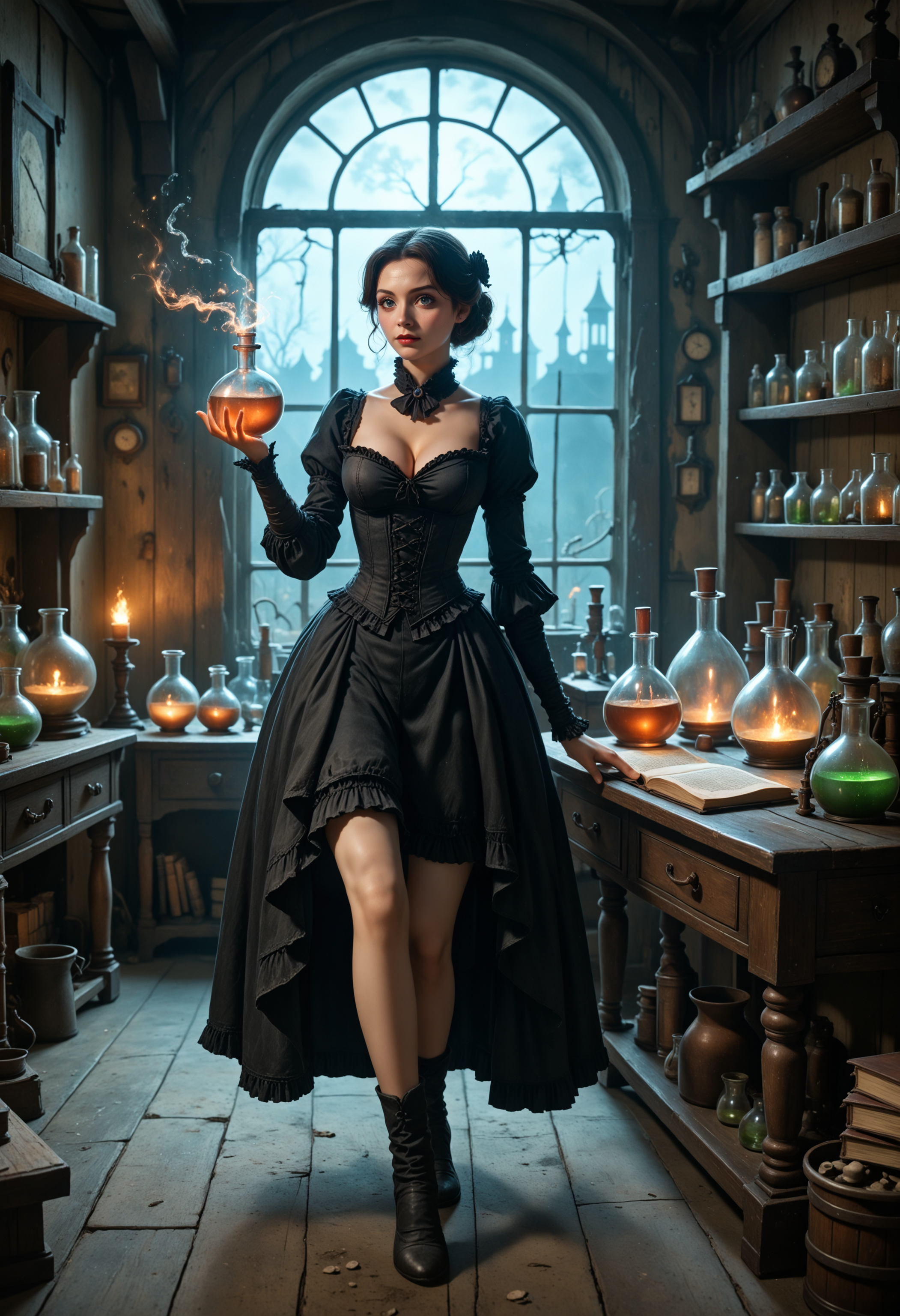 score_9, score_8_up, score_7_up, 1girl, cleavage, round flask, magic, potions, scrolls, belle_(disney), disney, cowboy shot, leg up, night, biohazard, toxic wasteland, anime, 4lch3my_l4b.safetensors, <lora:4lch3my_l4b.safetensors:1.0>