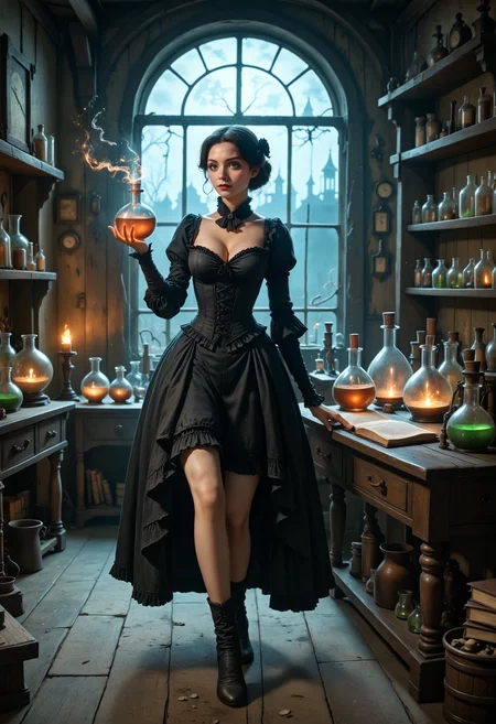 score_9, score_8_up, score_7_up, 1girl, cleavage, round flask, magic, potions, scrolls, belle_(disney), disney, cowboy shot, leg up, night, biohazard, toxic wasteland, anime, 4lch3my_l4b.safetensors, <lora:4lch3my_l4b.safetensors:1.0>