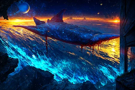 masterpiece, best quality, no_humans,((ruins)), <lora:RAL:0.6>,space,glowing,tanabata, tanzaku,city,milky_way,whale,buildings,underwater,blood,earth \(planet\),  <lora:Earth:0.5>,yellow_theme