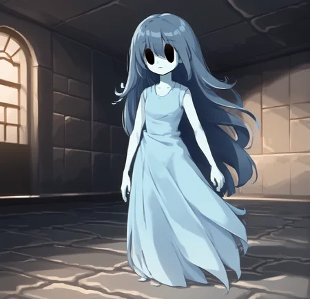 <lora:spookyxl:1> spookyjsm, 1girl, solo, ghost, blue hair, solid oval eyes, long hair, colored skin, long dress, black eyes,
